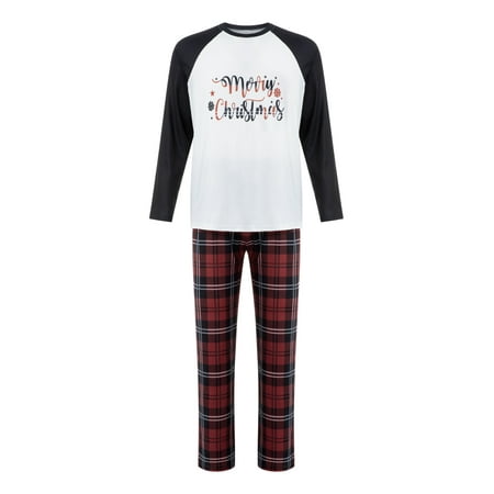 

Matching Christmas Family Pajamas Set Women Men Long Sleeve Letters Print Tops with Plaid Pants Clothes