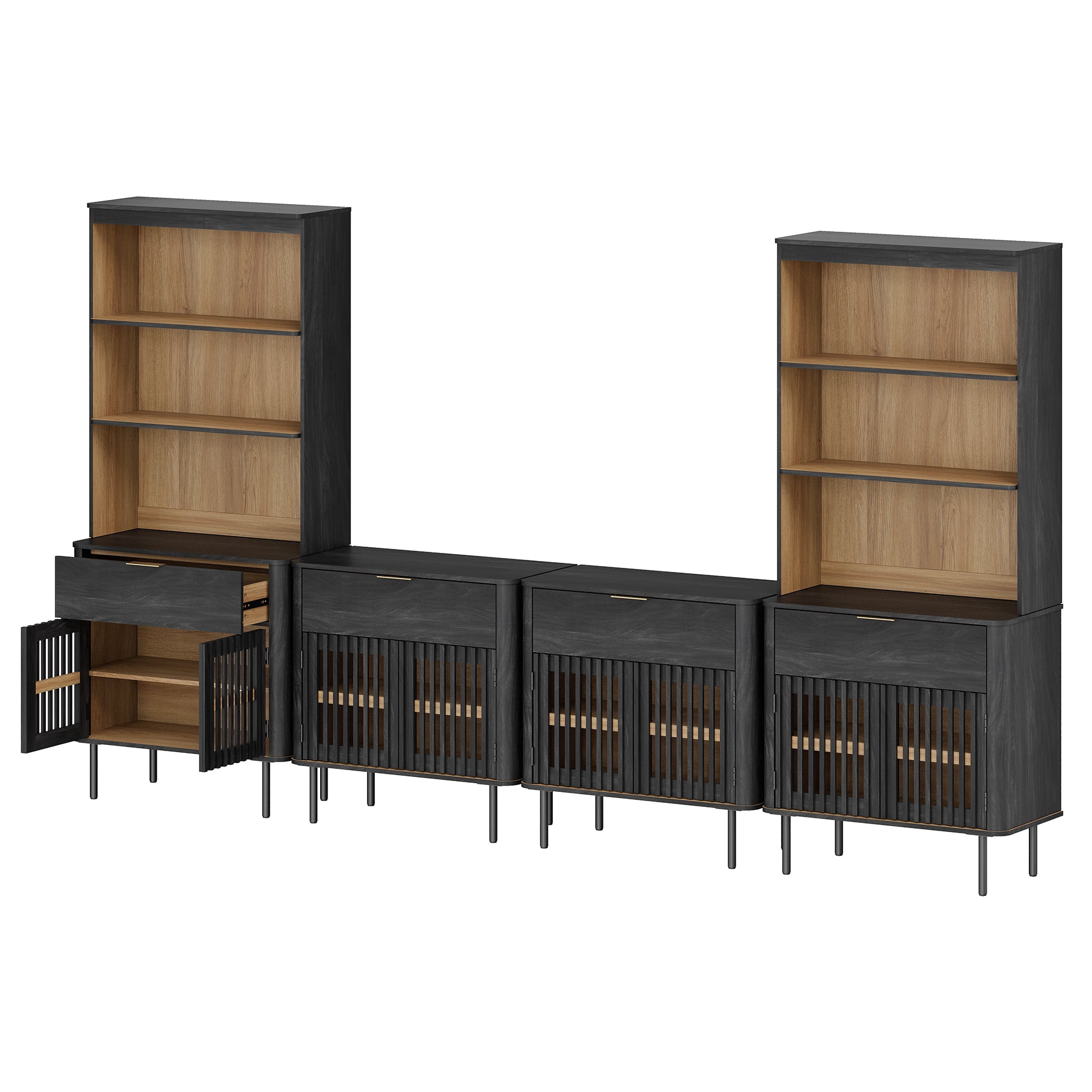 WAMPAT 72.8" Tall Bookshelf with Doors and Drawers, Modern Bookcase with Storage, Adjustable Shelves, Wood Storage Cabinet, Black