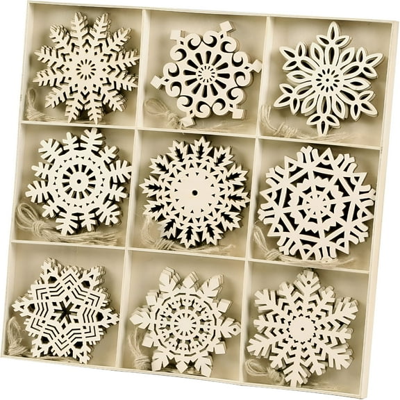 LAMIRO 4 Inch Unfinished Wooden Snowflakes Ornaments 36Pcs Christmas Tree Hanging Decoration Wood Cutouts DIY Craft Snowflake Shaped Embellishments Xmas Rustic Crafts with Twine