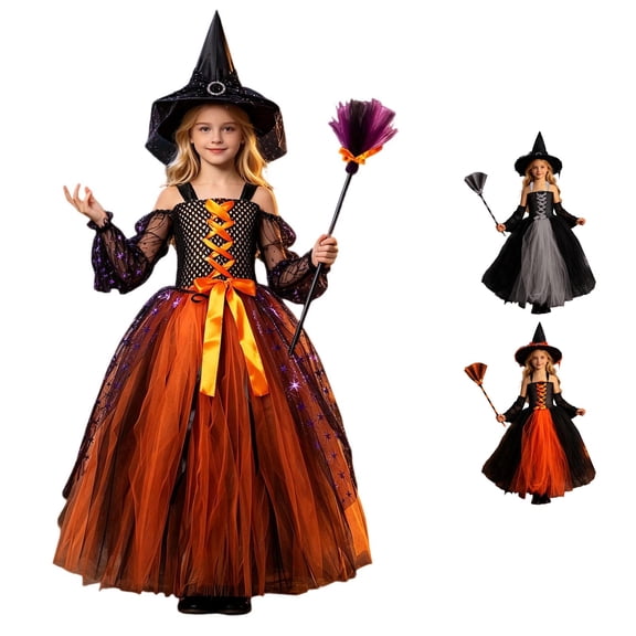 Halloween Black Witch for Girls Black Dress Pumpkin Tutu Dress up Outfits Christmas Birthday Gift Party Clothes 6-7 Years