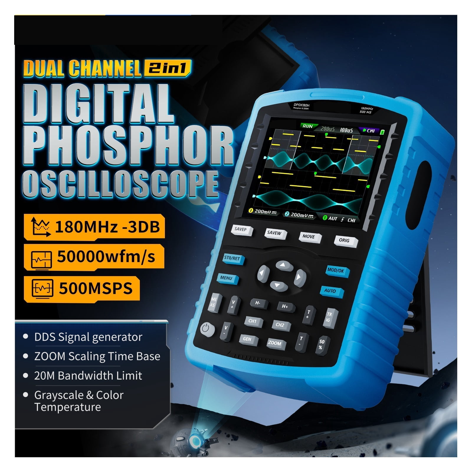 DPOX180H Handheld Dual Channel Digital Oscilloscope 180MHz-3DB 2 In 1 Function Signal Generator Fluorescence Display ,Professional Designed