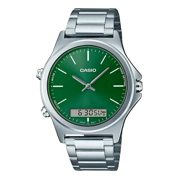Reloj Casio Hombre Mtp-vc01d-3e Color De La Correa Plateado Color Del Bisel Plateado Color Del Fondo Verde