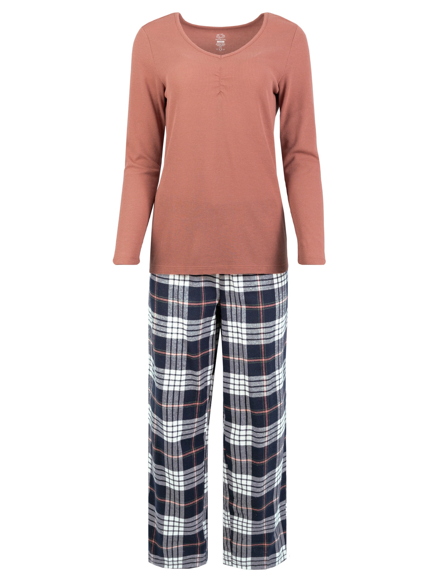 Fruit of the Loom Women's Beyond Soft Long Sleeve Waffle Top and Flannel Bottom Pajama Set, Sizes S-4X