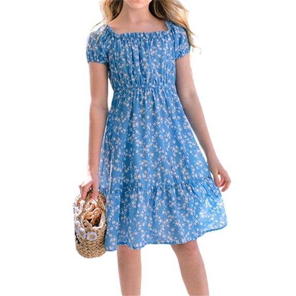 Langwyqu Summer Floral Print Square Neck Girls Chiffon Midi Dress For 5-14 Y