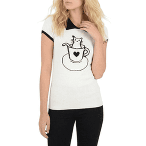 YEMAK Women's Pointed Collar Cat Tea Cup Short Sleeve Pullover Sweater MK3591CAT-IVORY/BLACK-M