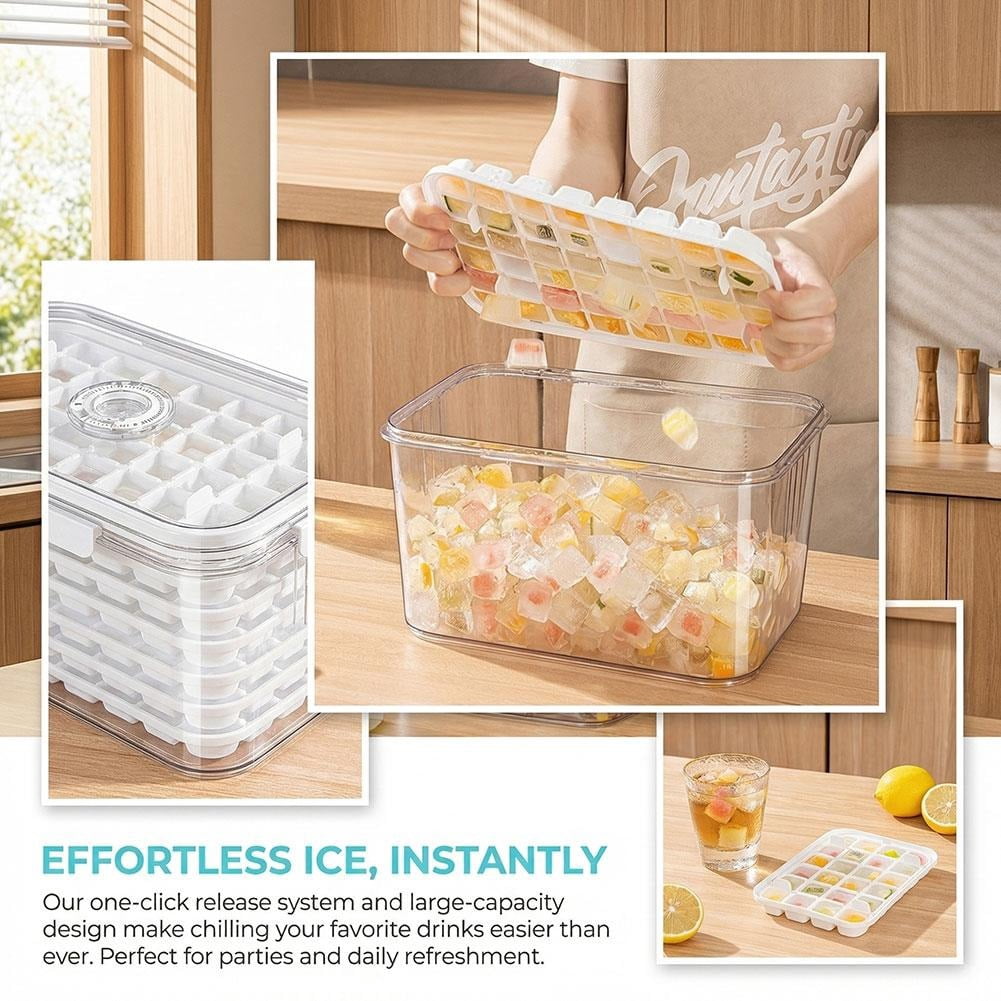 Ice Cube Tray for Freezer with Lid and Bin, Large Capacity Ice Storage Container with Handle and Time Record, Easy-Release Stackable Ice Maker with Bucket