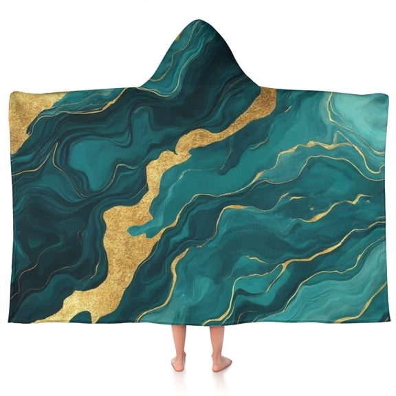 Teal and Gold Marble Glitter Dots Pattern Hooded Bath Towel，50"x30" for Ages 3 To 12 Kids, Quick Dry Lightweight Soft Microfiber Hood Beach Towel Cover Up for Kids
