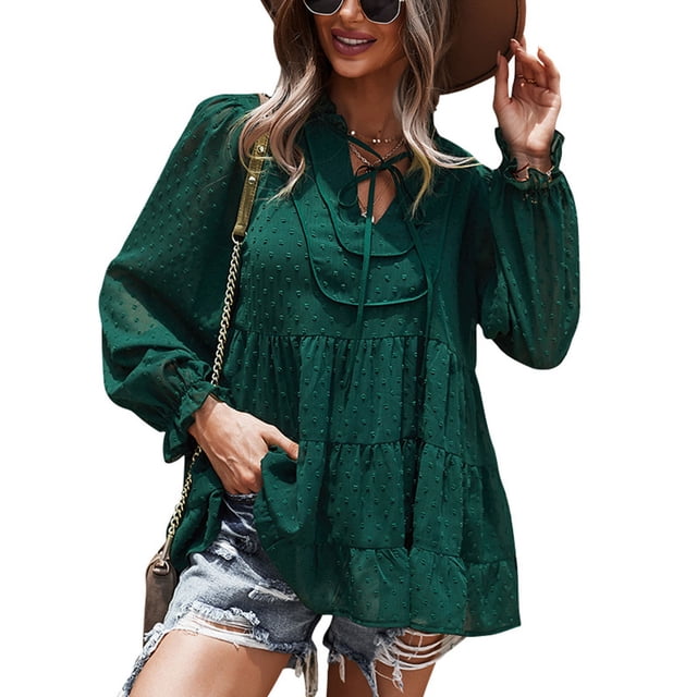 Blusa de mujer con cuello en V y manga farol, dobladillo suelto con volantes, blusa tipo túnica informal para otoño primavera OD verde XL