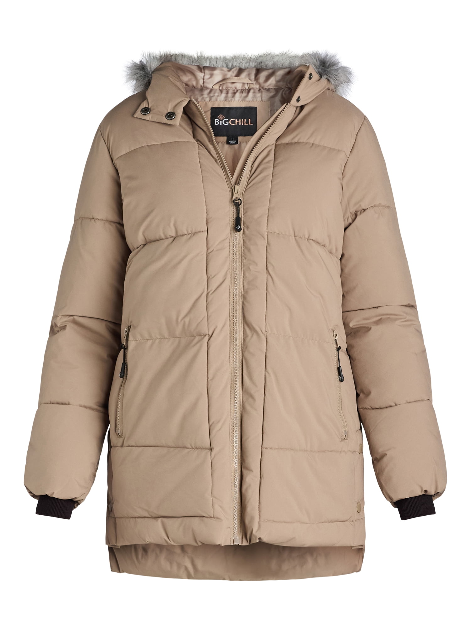 Big Chill Women's and Women's Plus Wide Quilted Puffer Coat with Faux Fur Trim Hood, Sizes S-3X