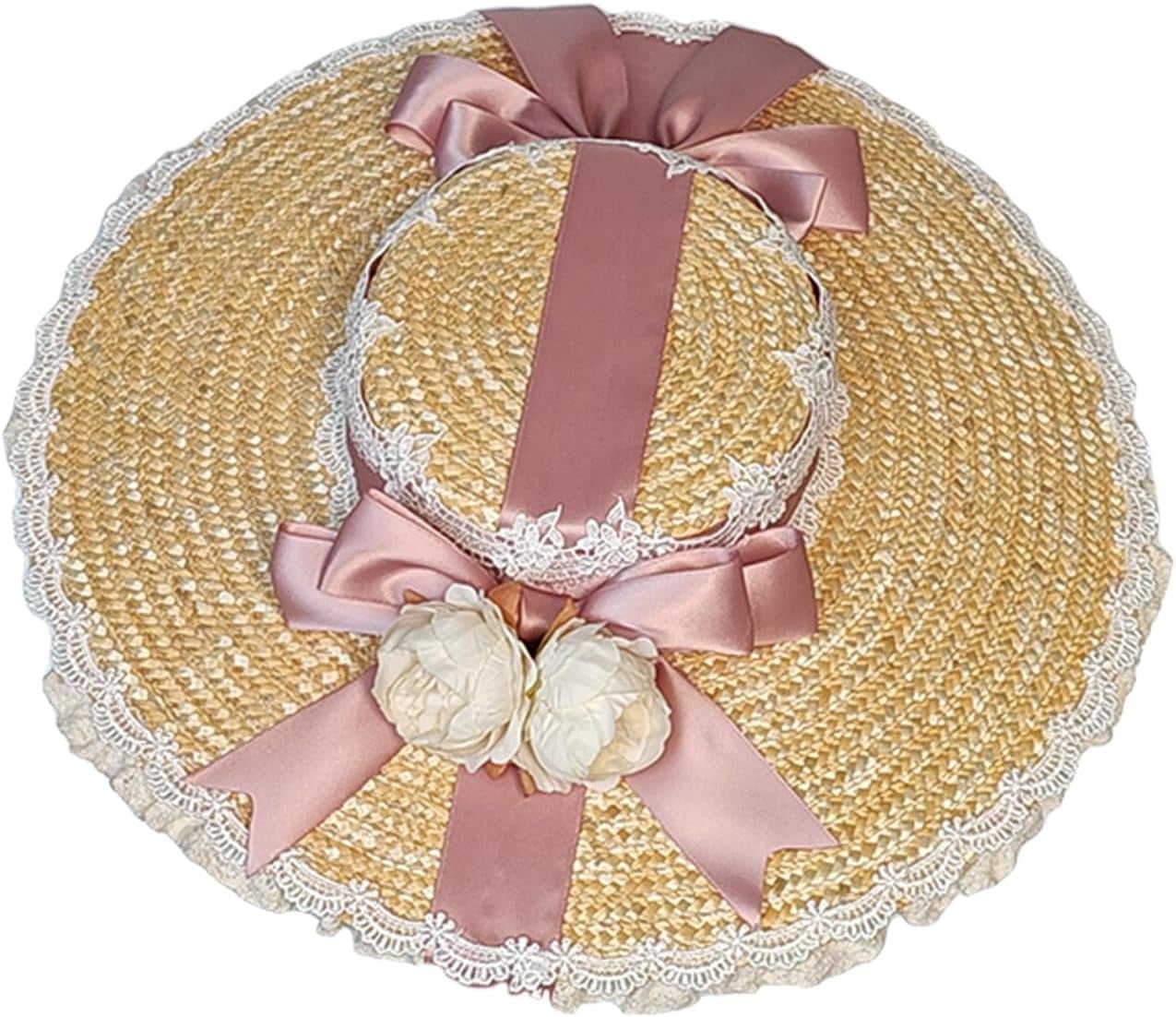 Kukuzhu Women Victorian Tea Party Sun Hat, Lolita Bows Flower Ribbon Flat Straw Hat Summer Beach Bonnet Cap for Travel