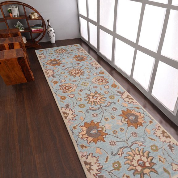 Rugsotic Carpets Hand Tufted Wool Eco-Friendly 2'6''x8' Area Rugs Runner Light Blue Floral Modern High Pile Thick Handmade Anti Skid Indoor Rug for Living Room, Bedroom K00660