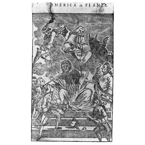 Cartoon Intolerable Acts C1774 America In Flames Intolerable Acts Fan The Flames Already Burning In Britains