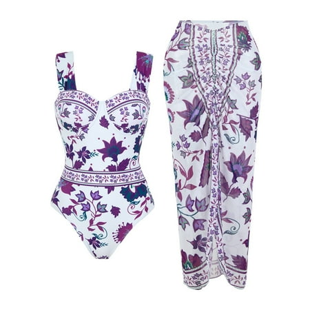 Swimsuits for Women Bikini Set Women S Retro Fashion Bandeau Swimsuit With Beach Cover Up Wrap Skirt Two Bikini Set Purple Women s Bikinis Set S