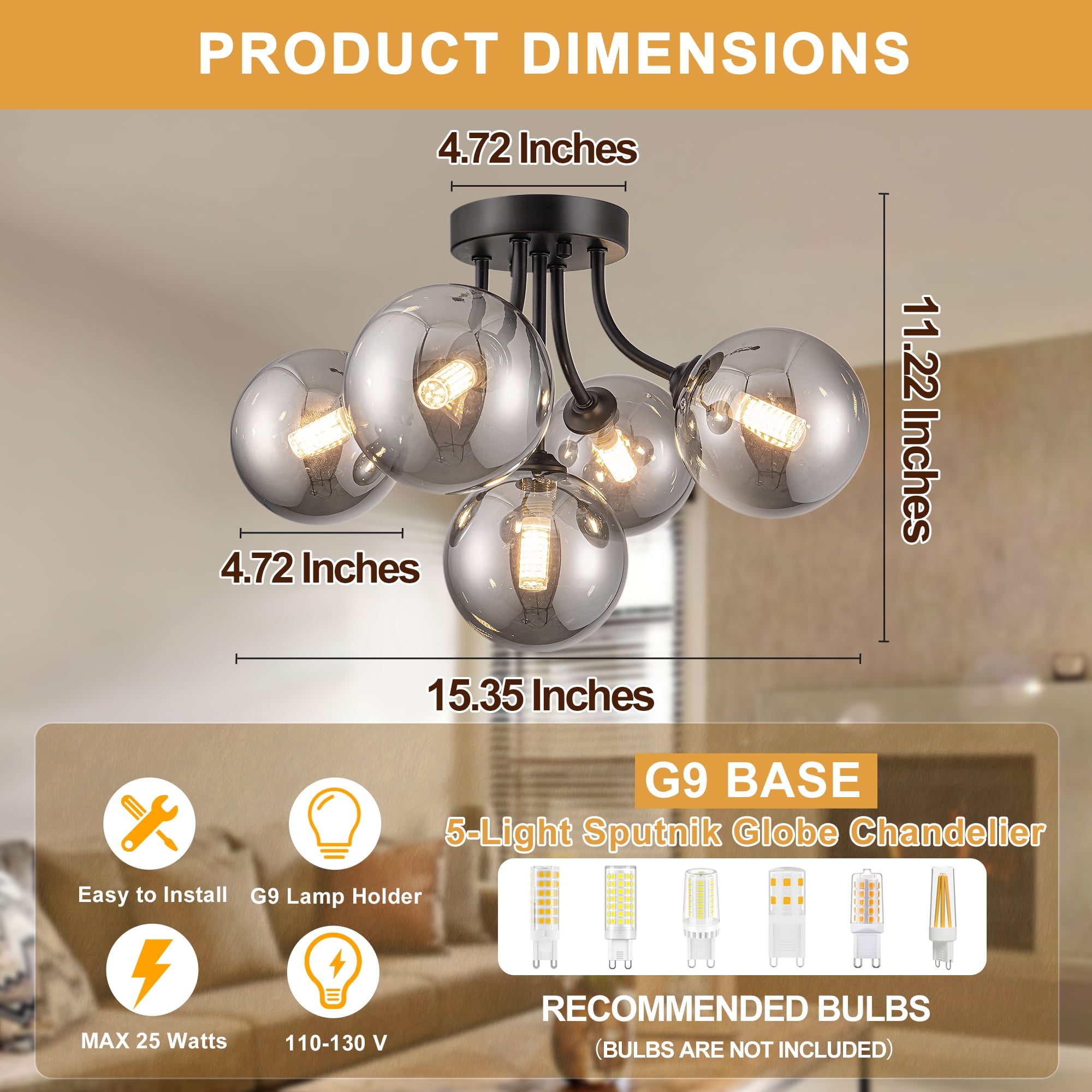 Uznhty Modern Ceiling Light 5-Light Sputnik Ceiling Light Fixture with Smoke Grey Glass Globe Semi Flush Mount Ceiling Light for Hallway Kitchen Bathroom Black 15 Inch