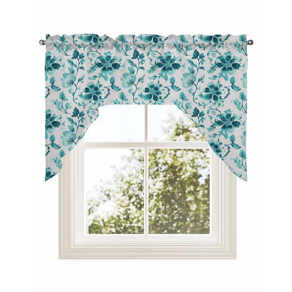 Aqua Flower Kitchen Curtains Swag Valance for Windows/Bathroom/Cafe, Country Watercolor Floral Vintage Plant Rod Pocket Drape Panel Swag Curtains Valance for Bedroom/Living Room 56"x36"