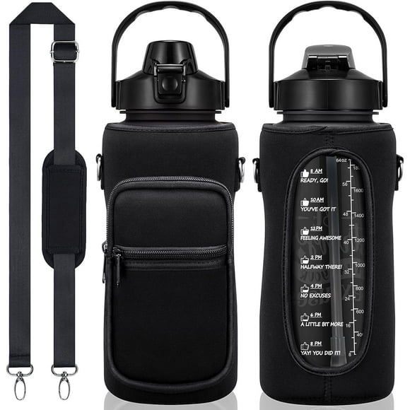 Half Gallon Water Bottle with Sleeve 64 OZ Water Bottle with Straw & Time Marker to Drink Leakproof Motivational Water Jug with Insulated Holder for Women Men Workout Gym Sport