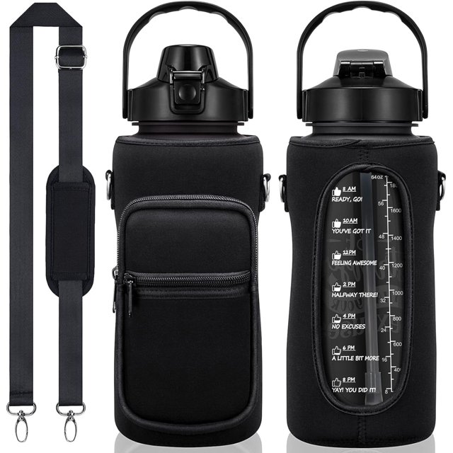 Half Gallon Water Bottle with Sleeve 64 OZ Water Bottle with Straw & Time Marker to Drink Leakproof Motivational Water Jug with Insulated Holder for Women Men Workout Gym Sport