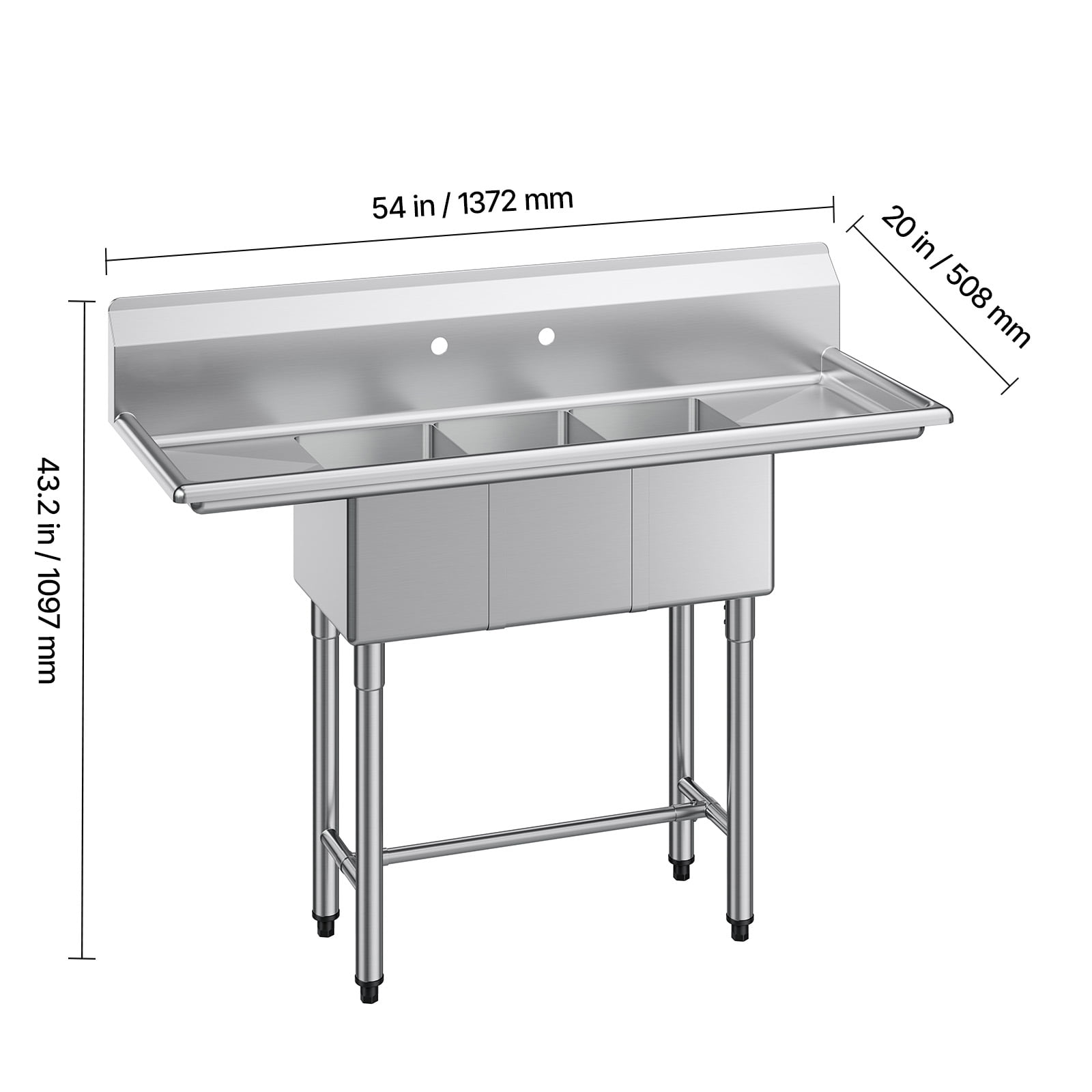 KFFKFF 3-Compartment Commercial Sink, 304 Stainless Steel, 18-Gauge, 10" x 14" x 10" Bowls, Dual Drainboards, 7" Backsplash, H-Frame, Black, (1 Unit)
