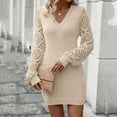 thumbnail image 4 of qolati Women Fall Dresses 2024 Casual V Neck Hollow Out Long Sleeve Mini Dress Knit Warm Bodycon Pullover Tunic Sweater Dress Beige M, 4 of 9