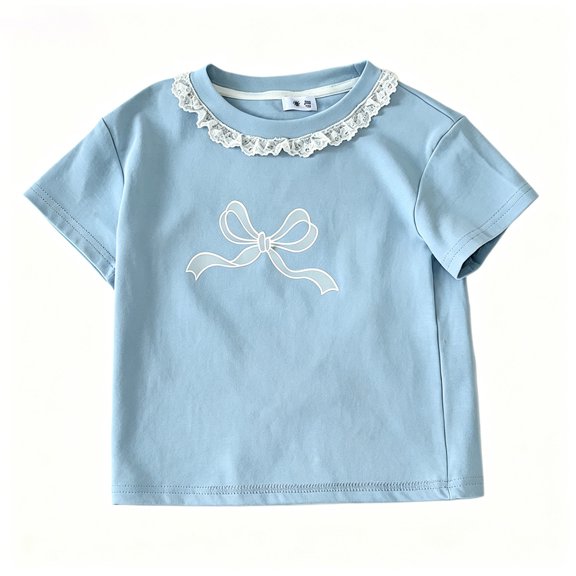 Tfken Girls Soft Comfy Tops Holiday Daily Wear Short Sleeve Tees Tshirts Bowknot Graphic Print T-Shirts Fashion Children Trendy Clothes Size 4-5 Years