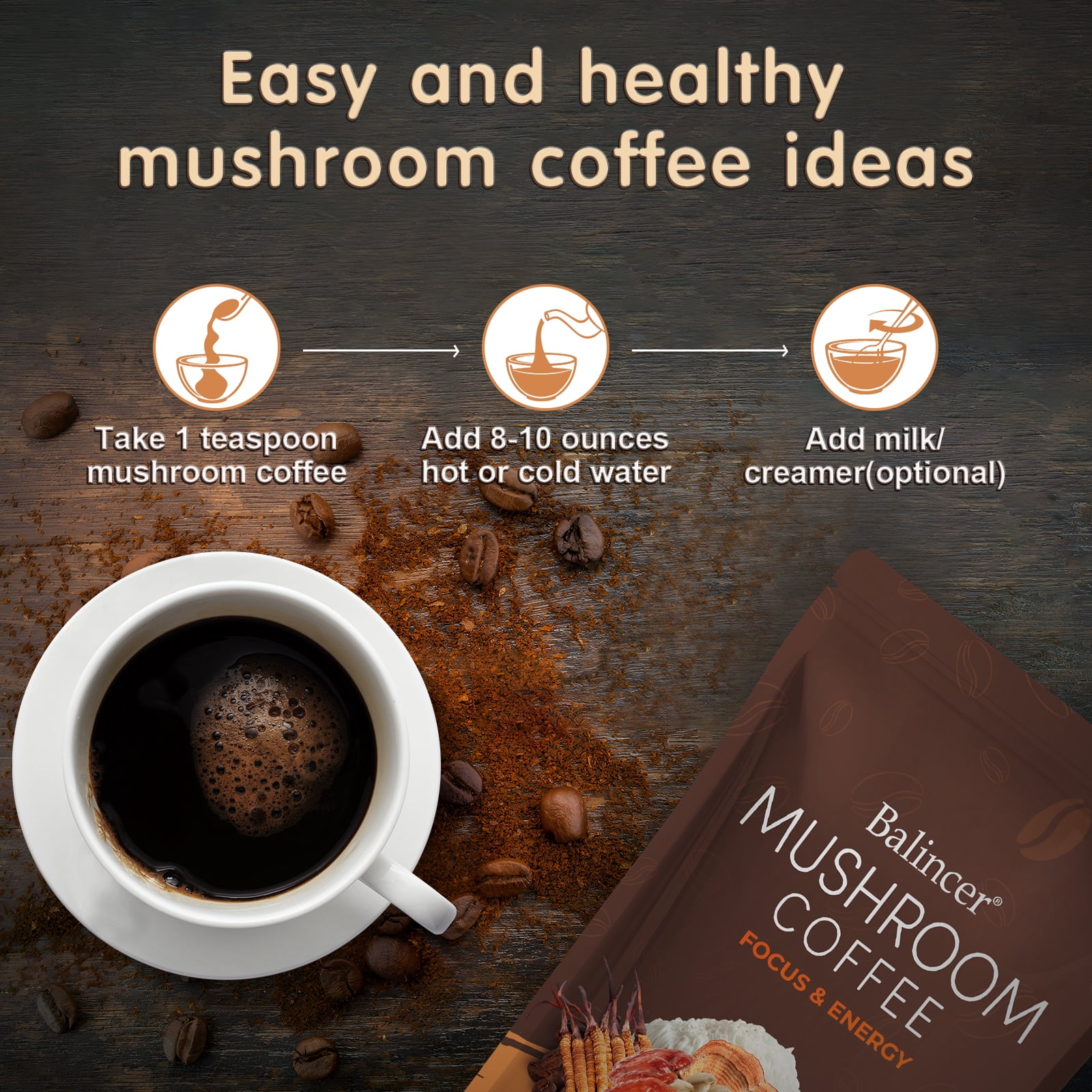 Balincer Mushroom Coffee, 6 Adaptogenic Mushrooms, Instant Mushroom Coffee for Focus, Energy, Immune & Digestion Support,Herbal Supplements