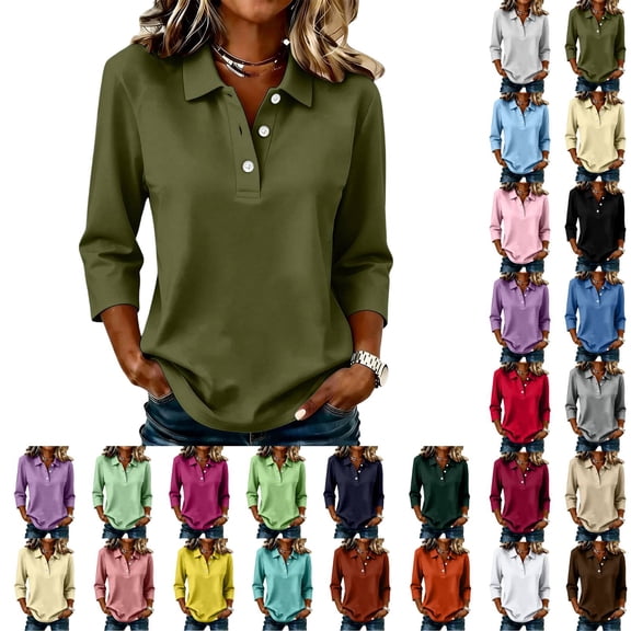 Women's 3/4 Length Sleeve Polo Shirts Golf Button Collared Summer Short Sleeve Tops Lightweight Work Polo Shirt Womens Blouses Army Green 2XL