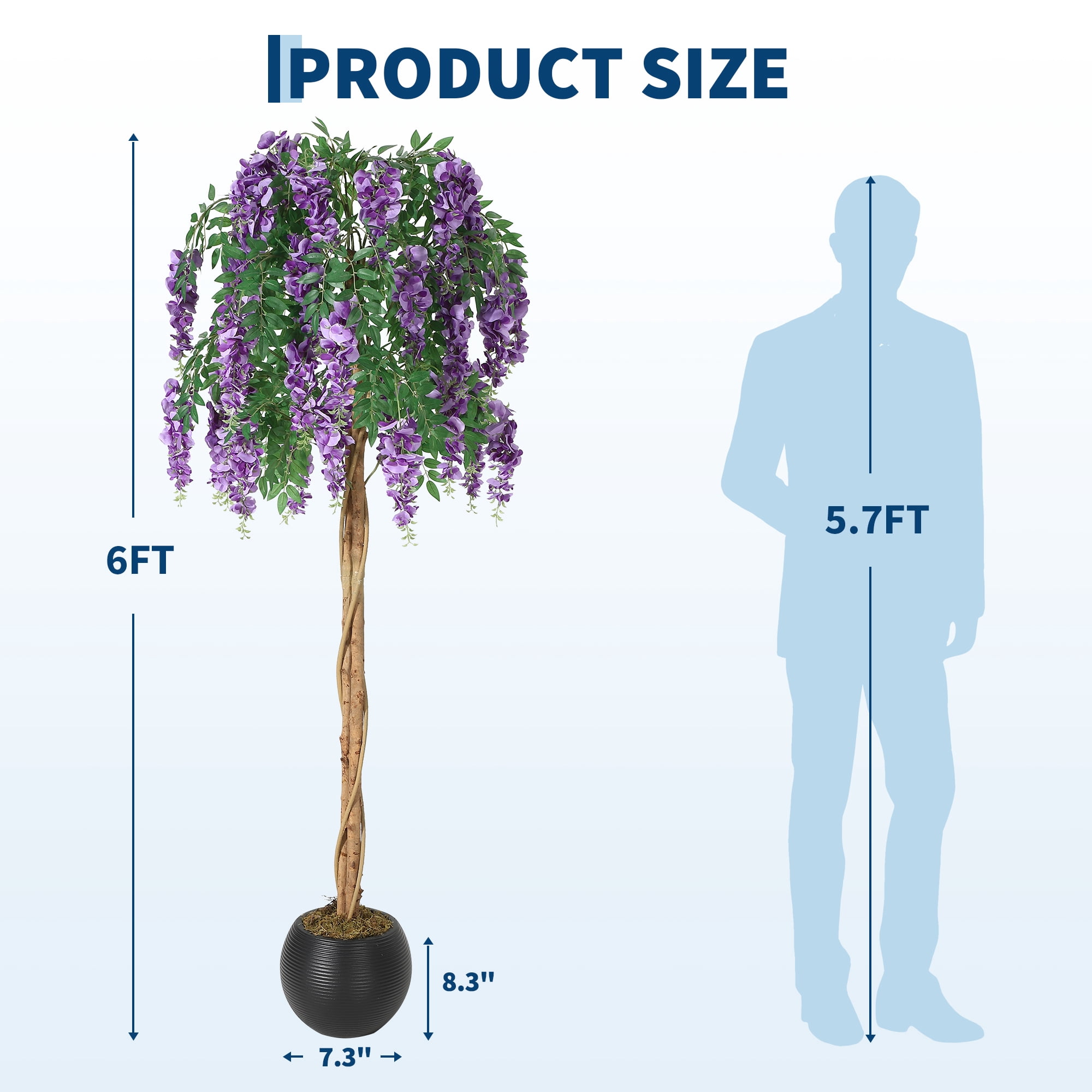 PYY Lifelike Silk Purple Bean Flower Tree – Realistic Double Vine Stems, Hanging Moss, Decorative Faux Plant in Cement Pot for Home, Office, Wedding, or Photo Backdrop, Indoor Decor, 6FT