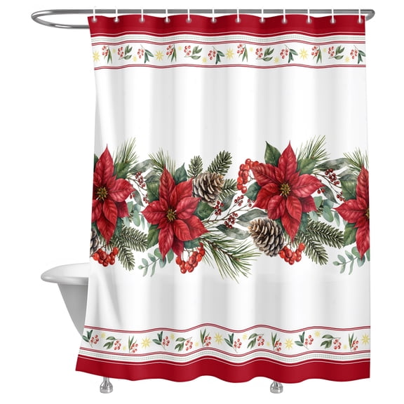 Bathroom Shower Curtain Christmas Poinsettia Holly Berries Waterproof Shower Curtains with Hooks, Winter Pine Branches Bath Curtains Bathtub Curtain Home Decor 48x72in