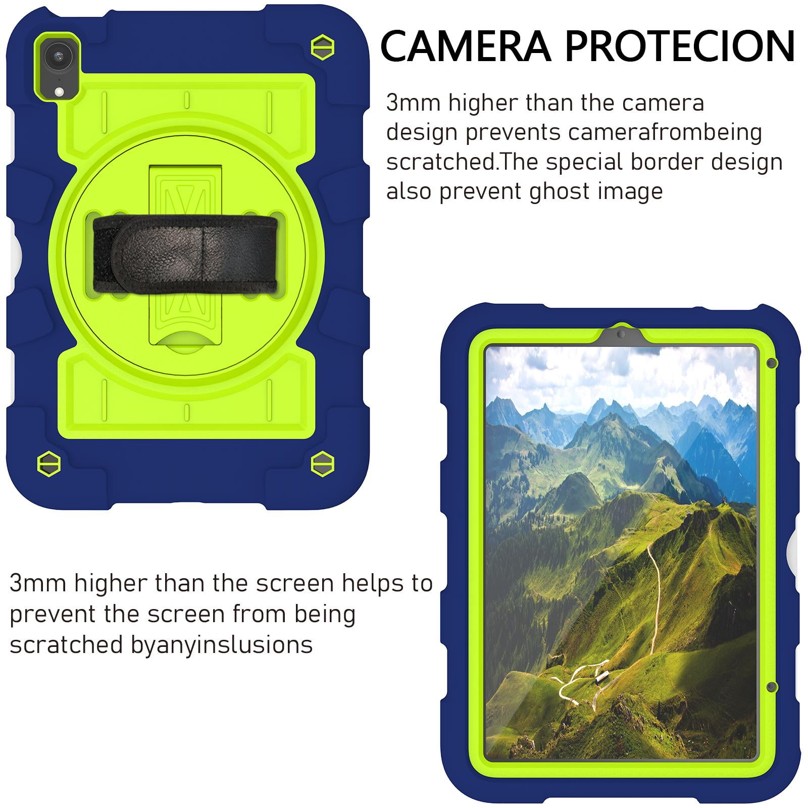 TECH CIRCLE for Apple iPad Mini (A17 Pro/A15) 7th/6th Generation Case 8.3" (2024/2021 Release), Durable Shockproof Protective Back Cover Case with Kickstand /Hand Strap /Shoulder Strap, Navy + Green