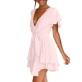 thumbnail image 4 of gakvbuo Summer Dress For Womens Casual Twist Front V Neck Dress Long Sleeve Waist Tie Ruffle Swing Mini Dresses Tiered Layer A-Line Short Dress, 4 of 9