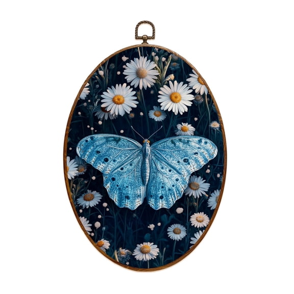 Canvas Wall Art Blue Butterfly Boho Floral Botanical Aesthetic Teal White Daisies Oval Framed Canvas Prints Vintage Wall Hanging Decor for Home Office Nursery Family Gift 8.6"x11.4"