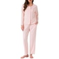 thumbnail image 1 of Conjuntos de pijamas para mujeres con encaje, blusa de manga larga con botones, ropa de dormir con pantalones de cintura elástica y bolsillos, 2XL, rosa, 1 of 6