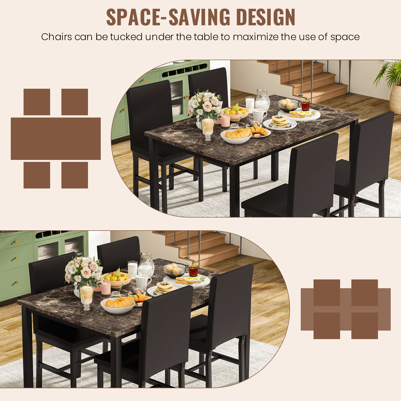 Cvortll Dining Table Set for 4, Modern Faux Marble Kitchen Table Set with 4 Leather Upholstered Chairs, 5-Piece Dinette for Dining Room, Nooks