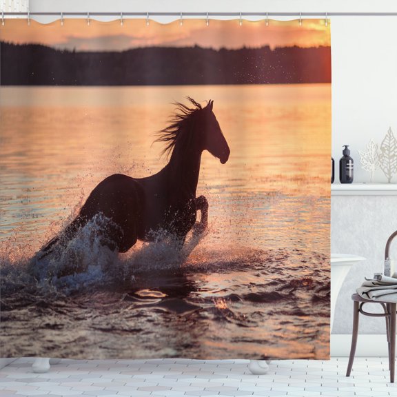 Ambesonne Animal Shower Curtain, Horse Sea at Sunset, 69"Wx75"L, Salmon Dark Brown