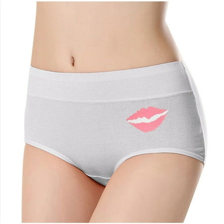 

Follure Ladies casual underwear bra Women Low Waist Tummy Control Lip Print Panties Underwear Comfortable Panties White XL