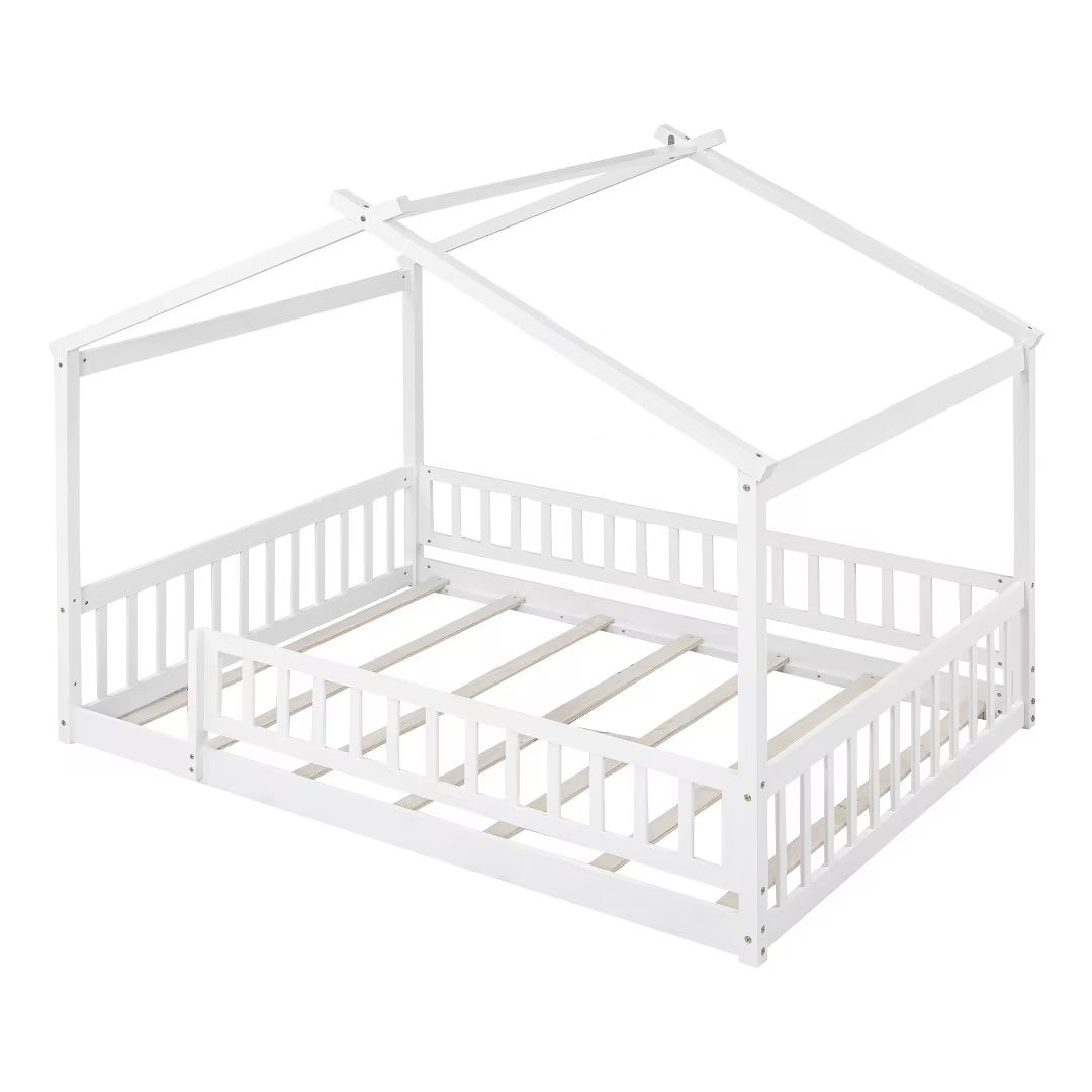 Full Size Montessori Bed for Kids, Wood Floor Bed Frame, House Bed Frame with Fence & Roof, Solid Wood Playhouse Bed for Girls Boys Teens, White