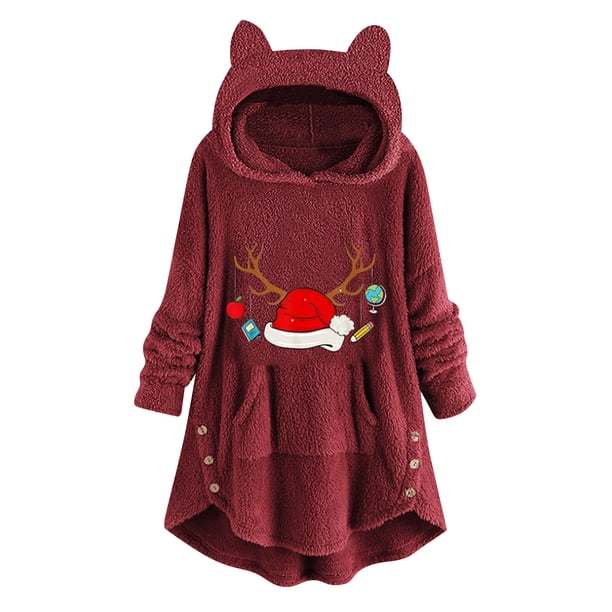 Top de abrigo de felpa con capucha y manga larga con botones de felpa y orejas de gato con estampado informal para mujer Pompotops gfhjh24383