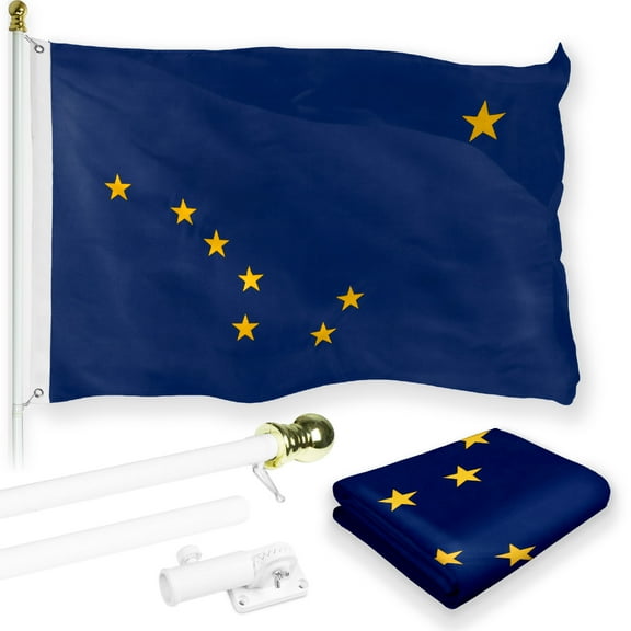 G128 Combo Pack: 6 Feet Tangle Free Spinning Flagpole (White) Alaska AK State Flag 3x5 ft Printed 150D Brass Grommets (Flag Included) Aluminum Flag Pole