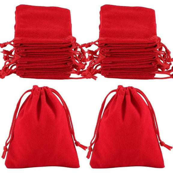 25Pcs Rectangle Jewellery Bags 9x7cm Red Velvet Drawstring Pouches