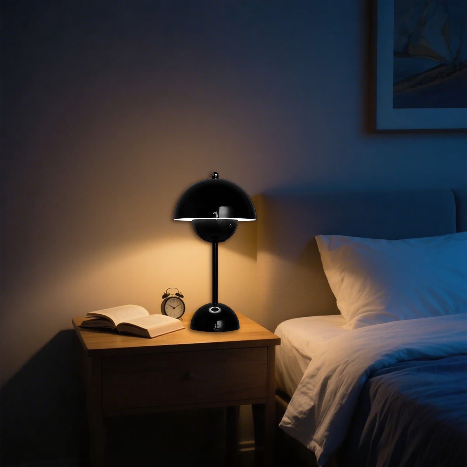 Black Rechargeable Flower Bud Desk Lamp Touch Dimmable Night Light Minimalist Mushroom Table Lamp Retro Bedside Lamp for Bedroom