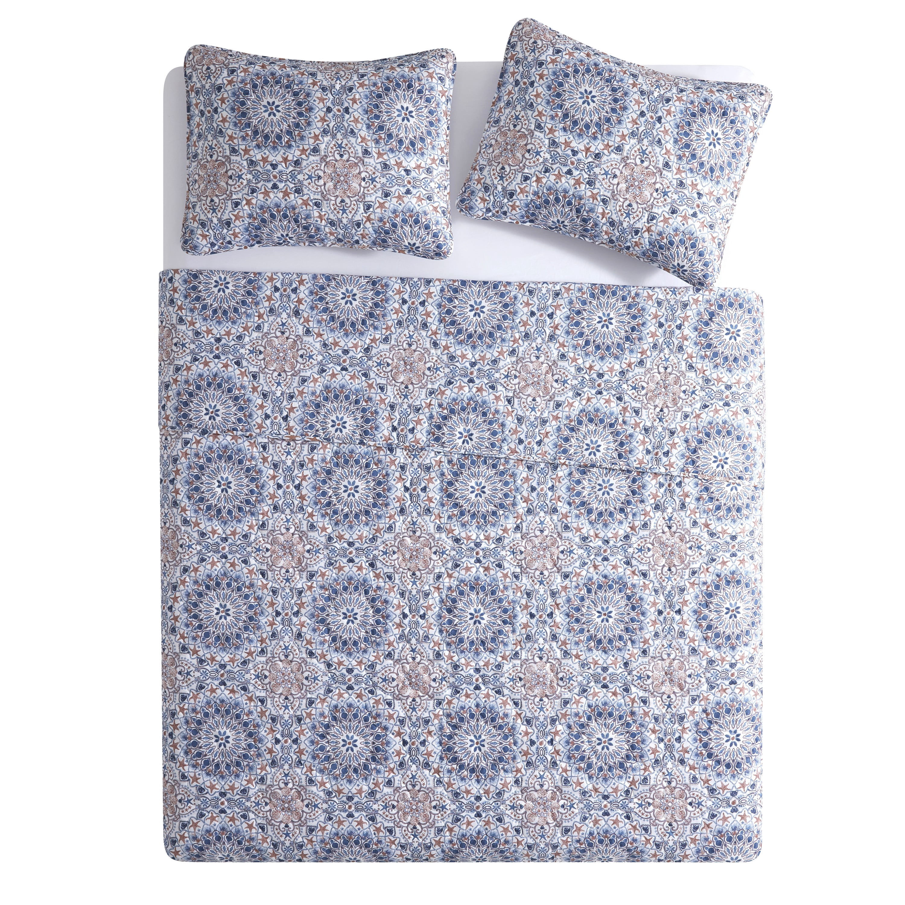 VCNY Home Sea Medallion Coastal 3-Piece Blue/Multicolor Medallion Quilt Set, King, Adult, Unisex