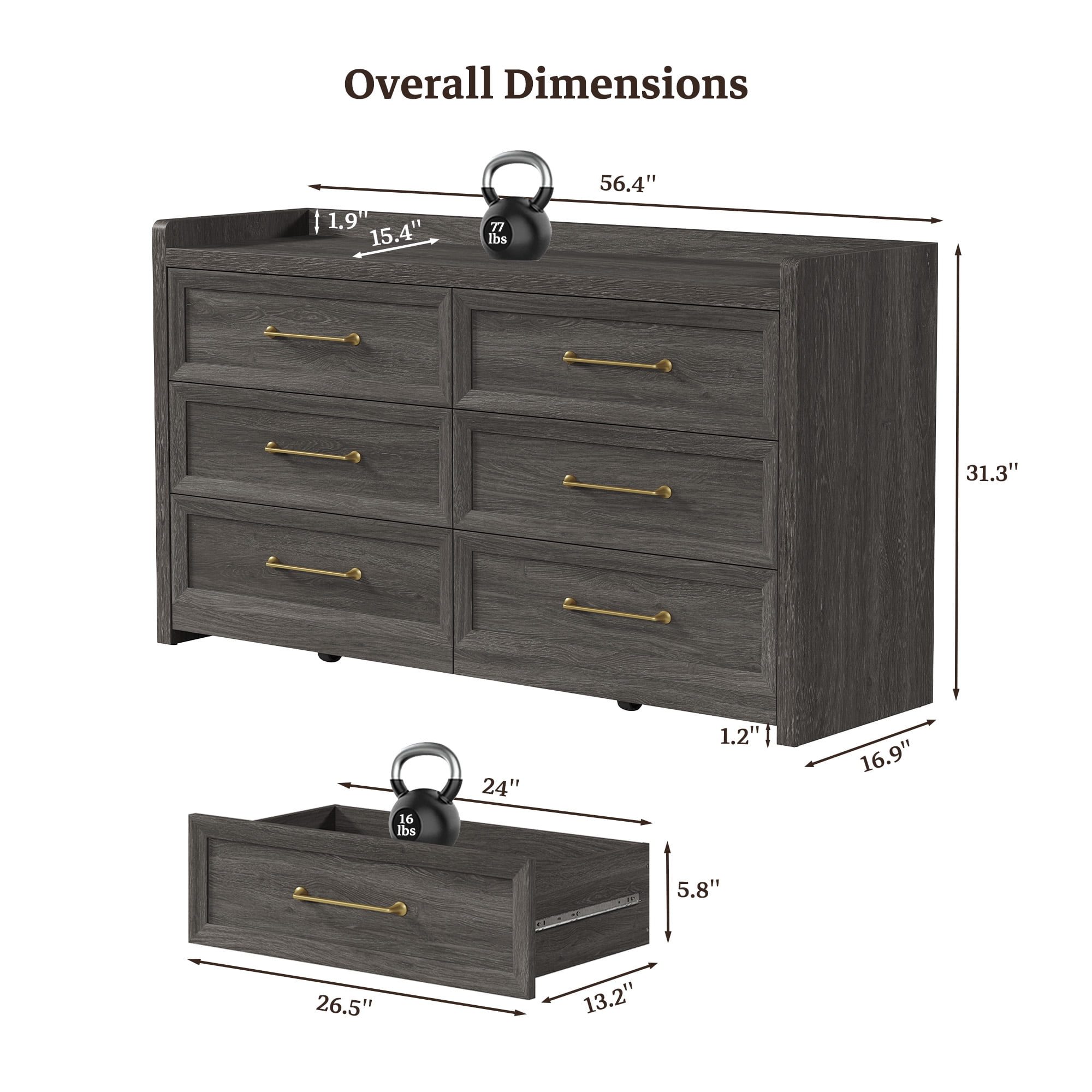 SICOTAS 56.4"W Farmhouse 6 Drawer Double Dresser, Long Chest of Drawers with Brass-tone Handles & Rolling Wheels, Wooden Dresser Storage Cabinet for Bedroom Living Room, Grey Oak