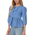 thumbnail image 4 of INSPIRE CHIC Women's Denim Tops Tie Front Puff Sleeve Ruffle Hem Peplum Blouse Jean Shirts XL Light Blue, 4 of 6