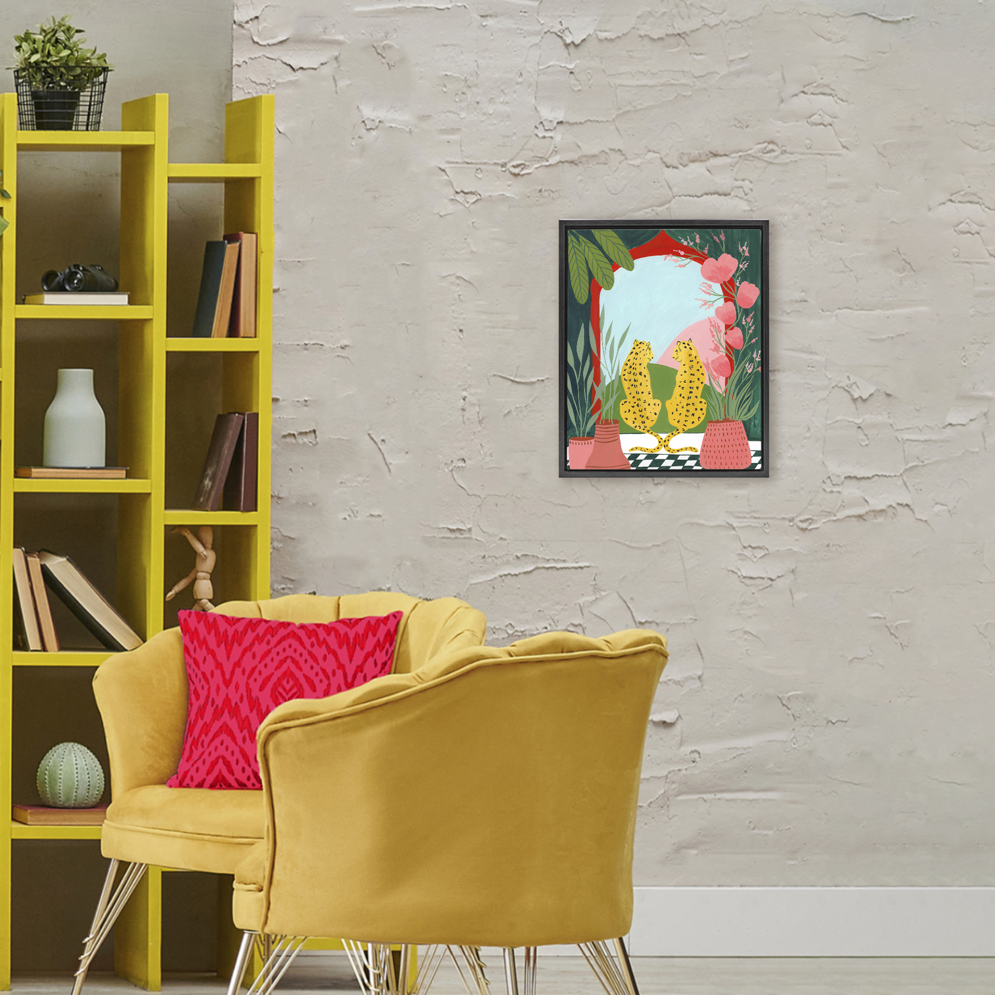 Twin Leopard & Plants Black Framed Floater Canvas Wall Art, design by Nabeela Rumi