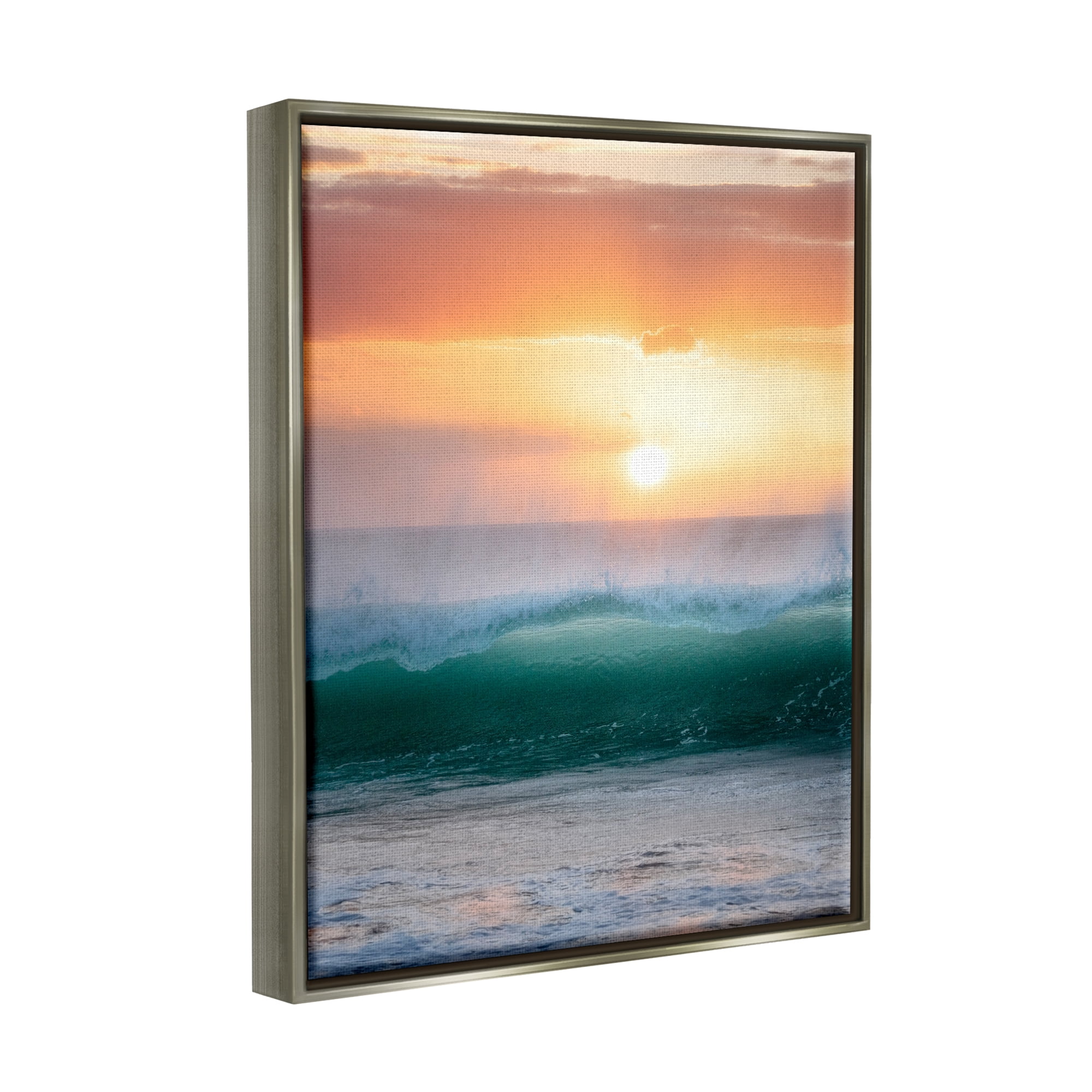 Stupell Industries Orange Sunset Rolling Ocean Waves Coastal Photography Gray Floater Framed Art Print Wall Art