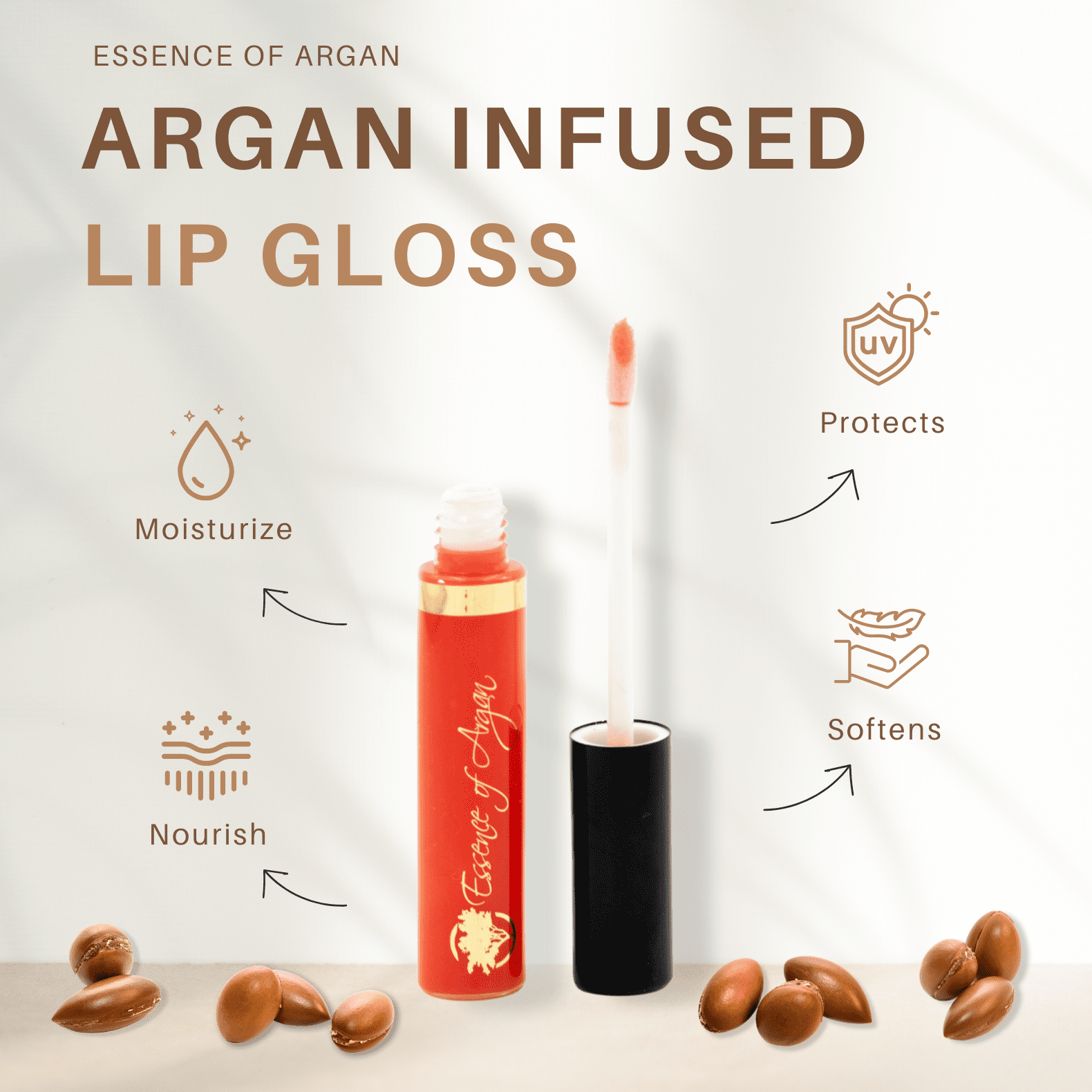 Essence of Argan Lip Gloss, Organic, Moisturizing, Plumping, Clear Red