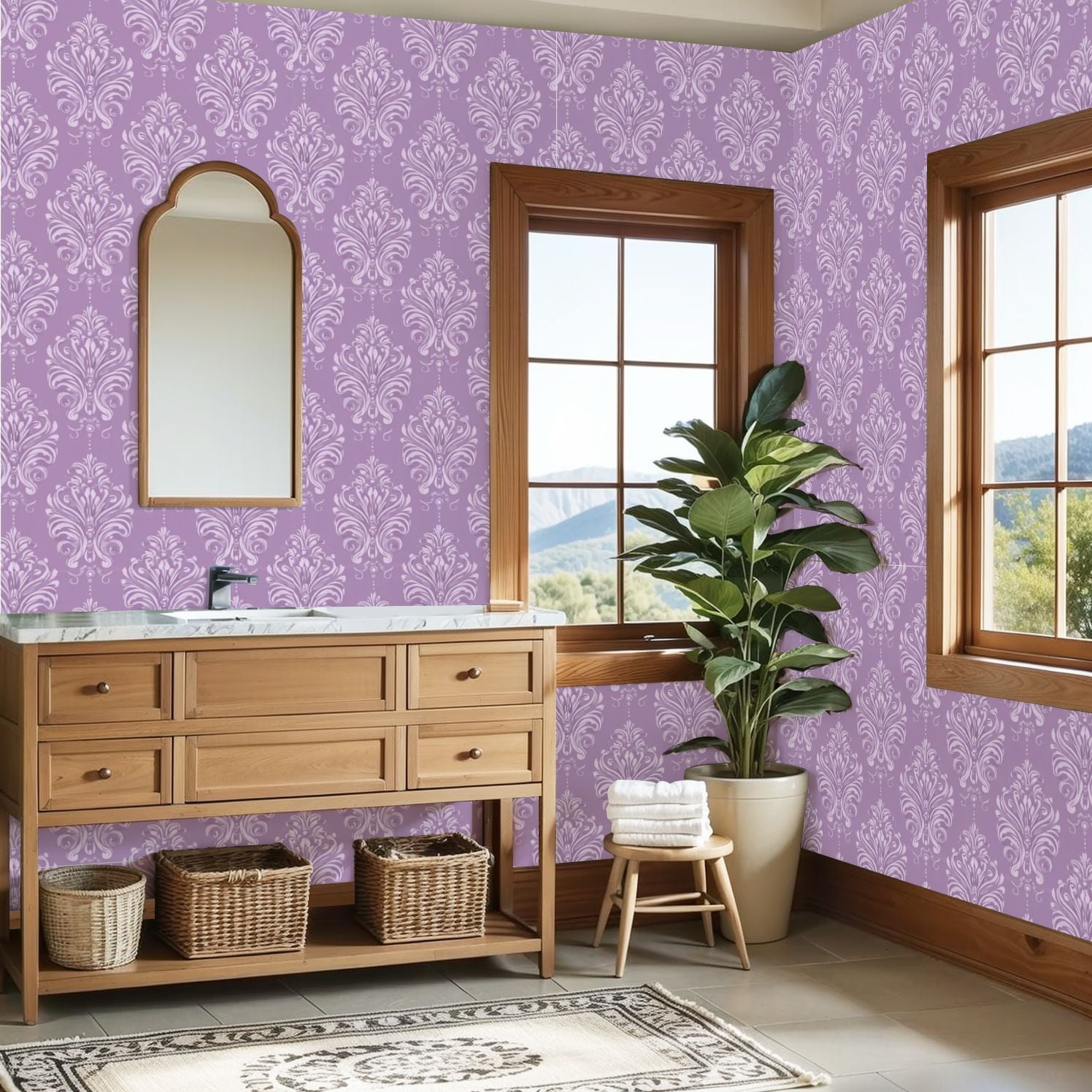 Peel and Stick Wallpaper 23.6in x 9.8ft Lavender Damask Elegant Swirls Floral Details Contact Paper Vinyl Self-Adhesive Removable Wall Paper for Bedroom DIY Home Decor Renter Friendly