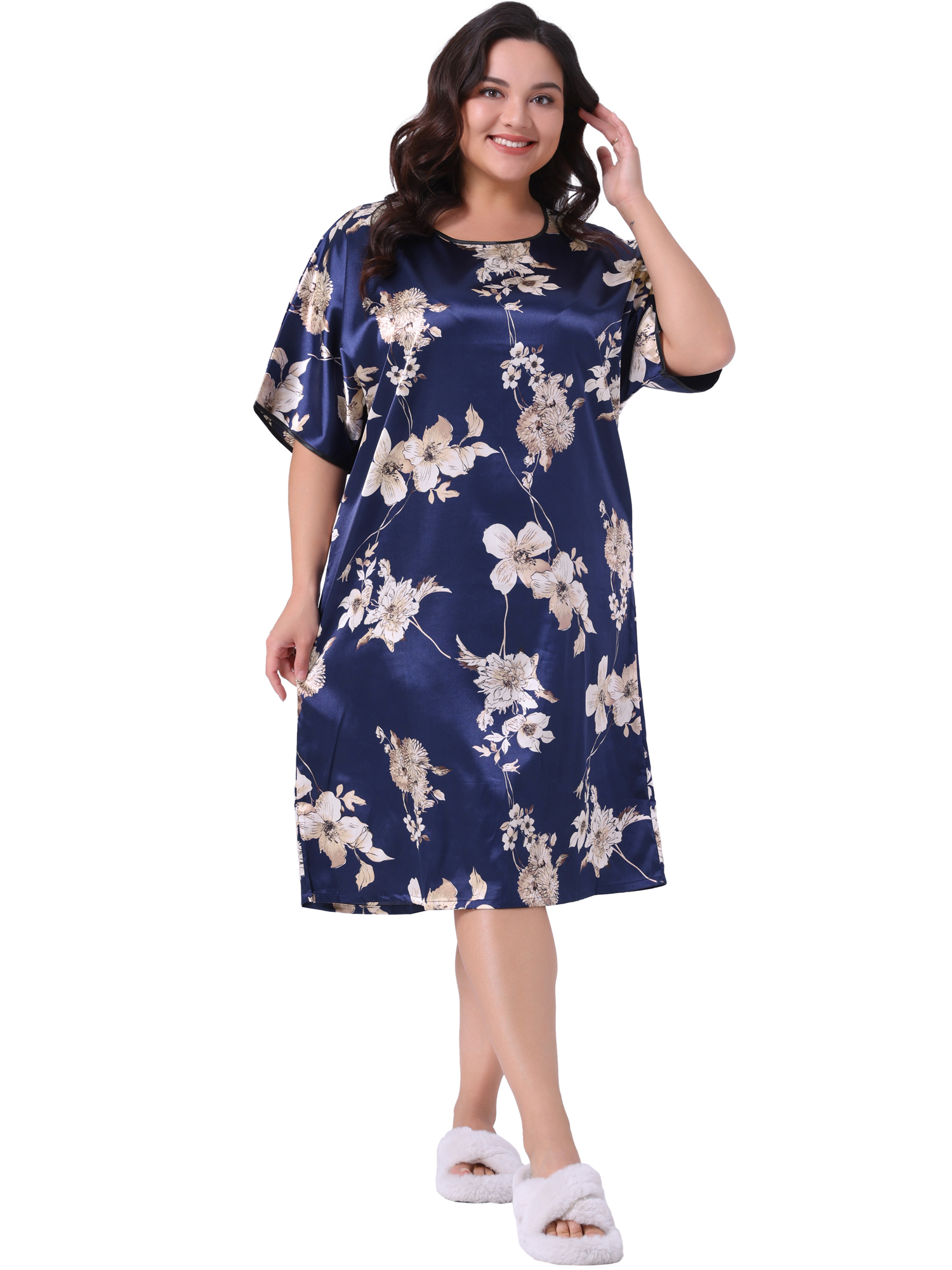 DARING DIVA Women's Plus Size Satin Floral Short Sleeve Round Neck Nightgown 4X Navy Blue