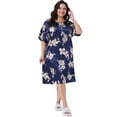 thumbnail image 3 of DARING DIVA Women's Plus Size Satin Floral Short Sleeve Round Neck Nightgown 1X Navy Blue, 3 of 6