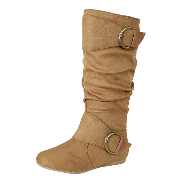 Forever Link Bottes Mi-Mollet à Talon Plat pour Femmes Klein-70 Bout Rond Fermé Boucle, Beige, 6